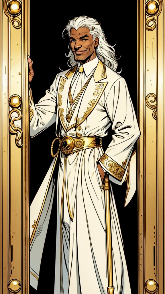 Comic-style art of a black man in his 50s with wavy, long, completely white hair, yellow irises, wearing classic and elegant clothes in white and gold. He uses a white cane decorated with gold and which has a bird skull on the tip, which is also made of gold. This man is a little thin, has wrinkles but not many, wears a lot of gold accessories, He is almost always smiling and is of Italian origin. He is a fashion designer and is based on the creator of Versace.