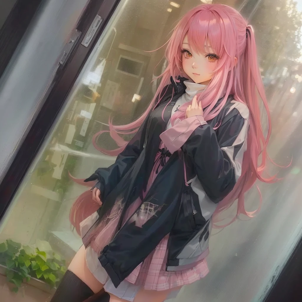 anime girl with pink hair and black jacket standing in front of a window, anime girl with long hair, anime girl, beautiful anime high school girl, (anime girl), zerochan art, cute anime girl, an anime girl, anime style 4 k, portrait anime girl, digital art on pixiv, soft anime illustration, pretty anime girl, beautiful anime girl