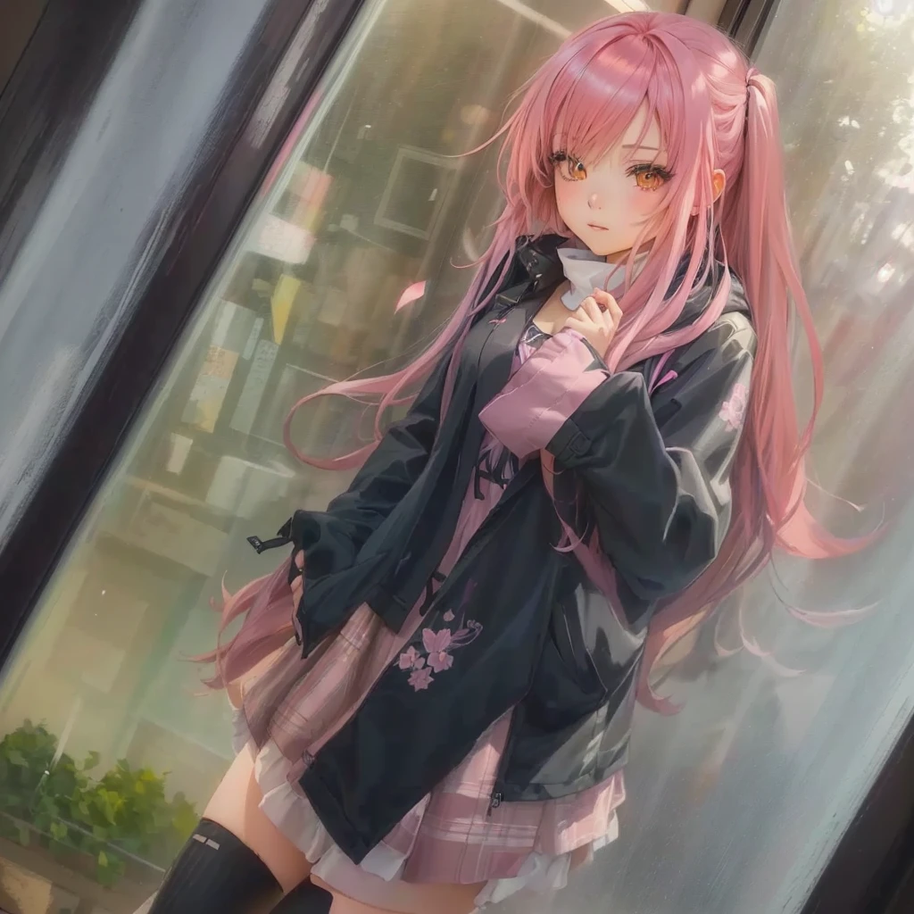 anime girl with pink hair and black jacket standing in front of a window, anime girl with long hair, anime girl, beautiful anime high school girl, (anime girl), zerochan art, cute anime girl, an anime girl, anime style 4 k, portrait anime girl, digital art on pixiv, soft anime illustration, pretty anime girl, beautiful anime girl