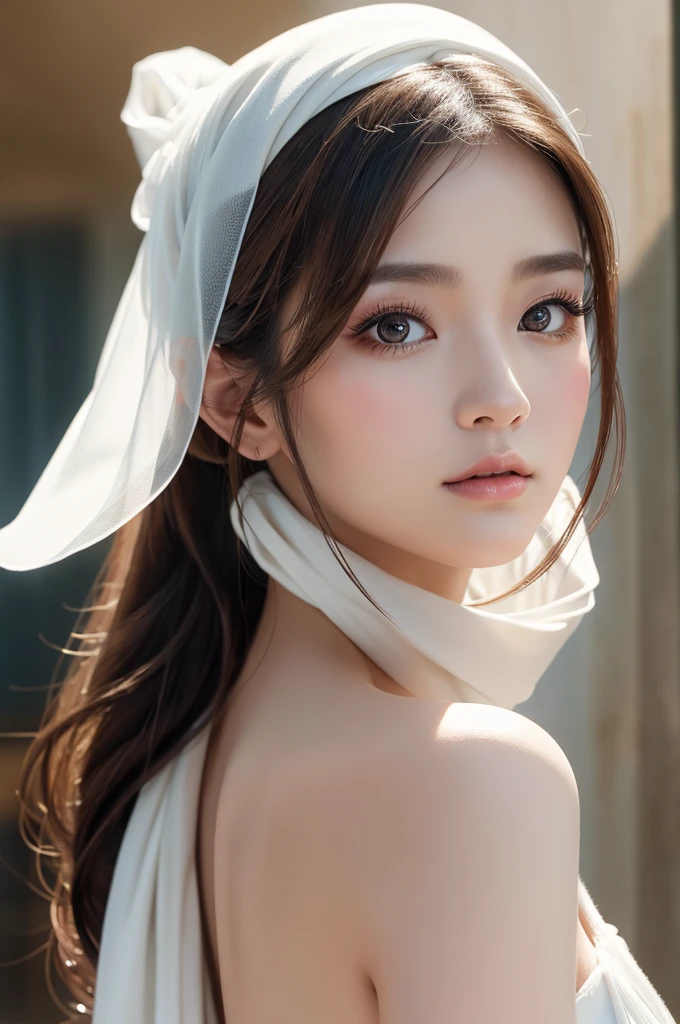 masterpiece、Highest quality、8k、ponytail、Attractive beautiful large almond-shaped eyes、Big black eyes、Long eyelashes、美しい桜colorの唇、A high, well-defined nose、color々Hairstyle、美しく輝くcolor々な髪color、((Realistic:1.3))、Cinematic lighting、Challenging eyes、Bold composition、Detailed face on the market、Detailed、Golden Ratio Face、Ultra-high resolution、Beautifully detailed and realistic white skin、Beautiful woman looking back、Scarf wrapped around head