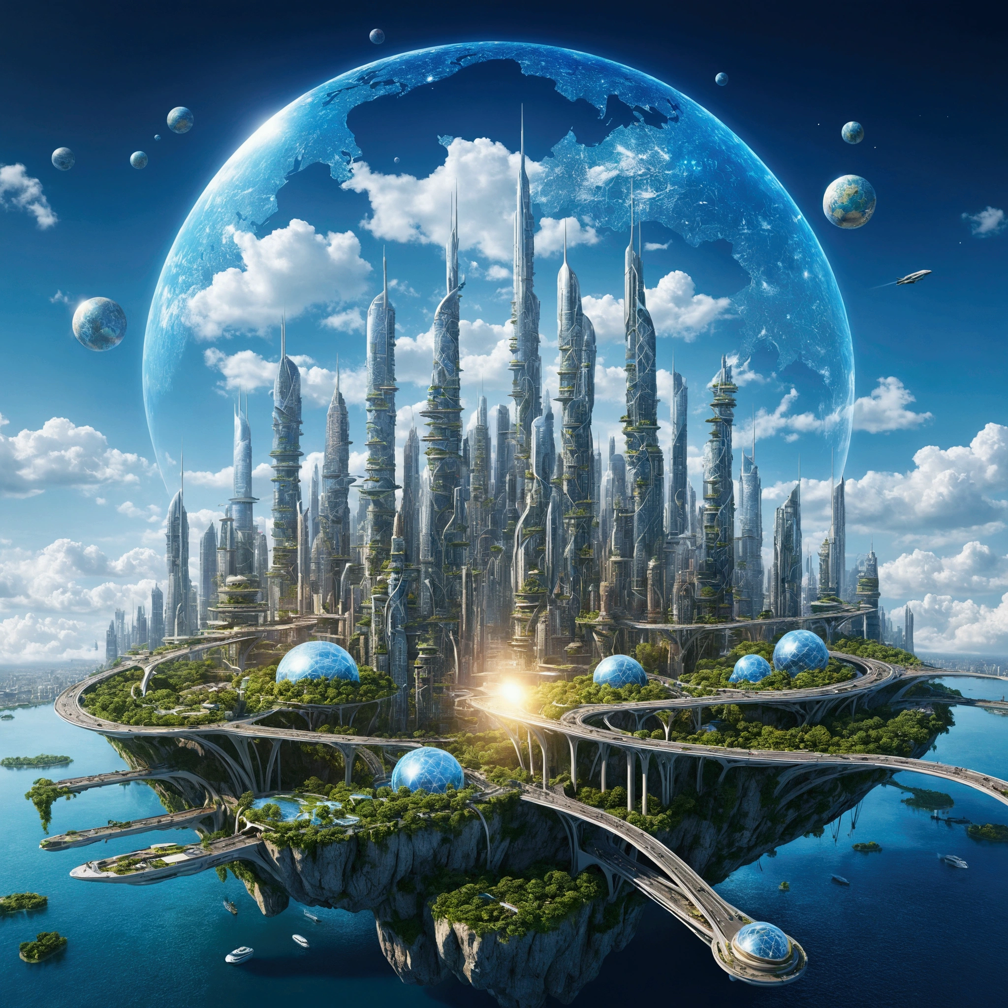 An image of a city with bridges and a large globe, Future city background, City of the Future, Future Cityscape照片, Future Cityscape, Future Utopian City, Cybernetic city background, Future city background, beautiful City of the Future, Otherworldly city of the future, A vision of the city of the future, The future city of mankind is a high-tech floating island. The sky technology city has warm technological lines and atmosphere. The background is high in the sky.