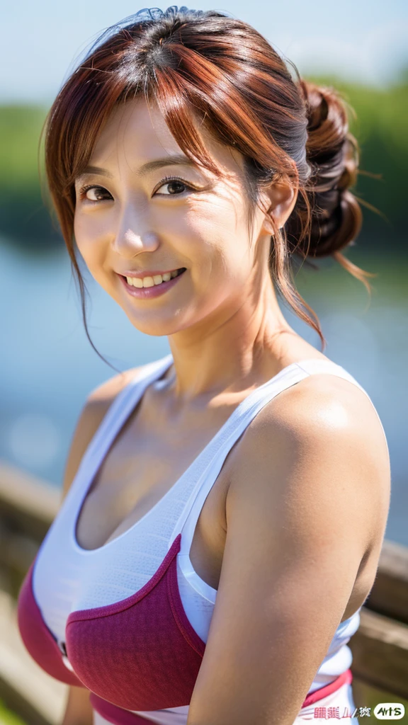 ((最high quality, 8k, masterpiece: 1.3)), (close:0.75), Realistic, Sharp focus, high quality, High resolution,   Japanese women、48 years old、Middle-aged mature woman face、Chubby body type、Her breasts are huge, measuring 40 inches. ｛Sleeveless wear｝, ((Very strong sunlight)), smile, Red hair bun hair,自宅の庭でカメラに向かいsmile、Upper body image、smileのアップ8K画像、