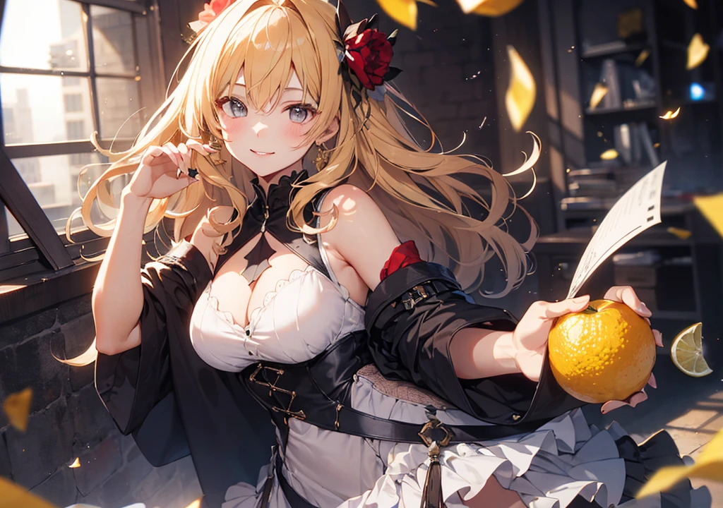 Realistic photos, Focus distance 10mm, Red and white, A big smile, Beautiful girl, Realistic photos, Focus distance 10mmで撮影, masterpiece, 最high quality, high quality, Very detailed CG 8k wallpaper unit, Award-winning photography, Depth of written boundary, High resolution, bloom, chromatic aberration, Realistic, Very detailed, Art Station Trends, CGsociety Trends, Complex, High detail, dramatic, Art on the go, volumetric lighting, A beautiful girl who is the personification of lemon cake。Lemon-colored hair and a refreshing dress design