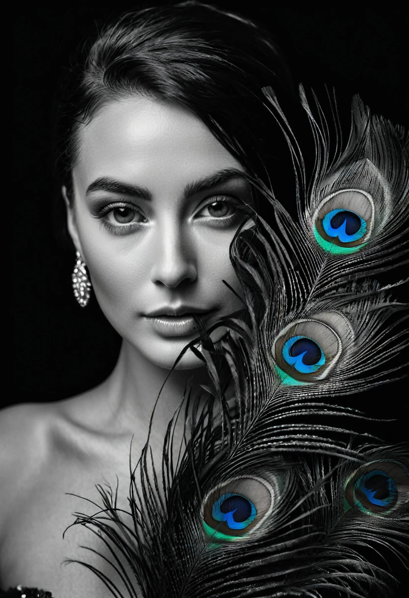 black and white, ultra clear raw photo of woman with a peacock feather, close up, dark background