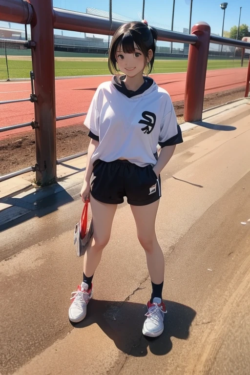 buruma,Dirt playground,(Black Hair),(out of frame),(white sox),(white sneakers),smile