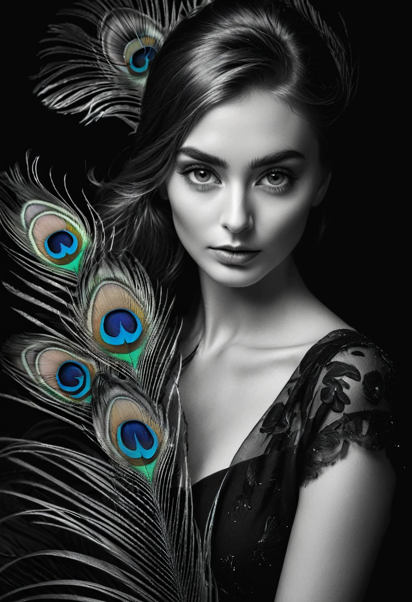 black and white, ultra clear raw photo of woman with a peacock feather, close up, dark background
