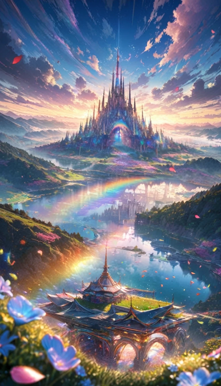 Highest quality, Great quality, 16K, Unbelievably absurd, Very detailed, delicate and dynamic, Mysterious, A gigantic artistic structure made of chrome-plated framework and glass, After the Rain, Sunlight shines through the gaps in the clouds, Glass reflects the colors of the rainbow、The analyzer appears, Many rainbow-colored petals fall, The grass is covered with mist, Create amazing image effects