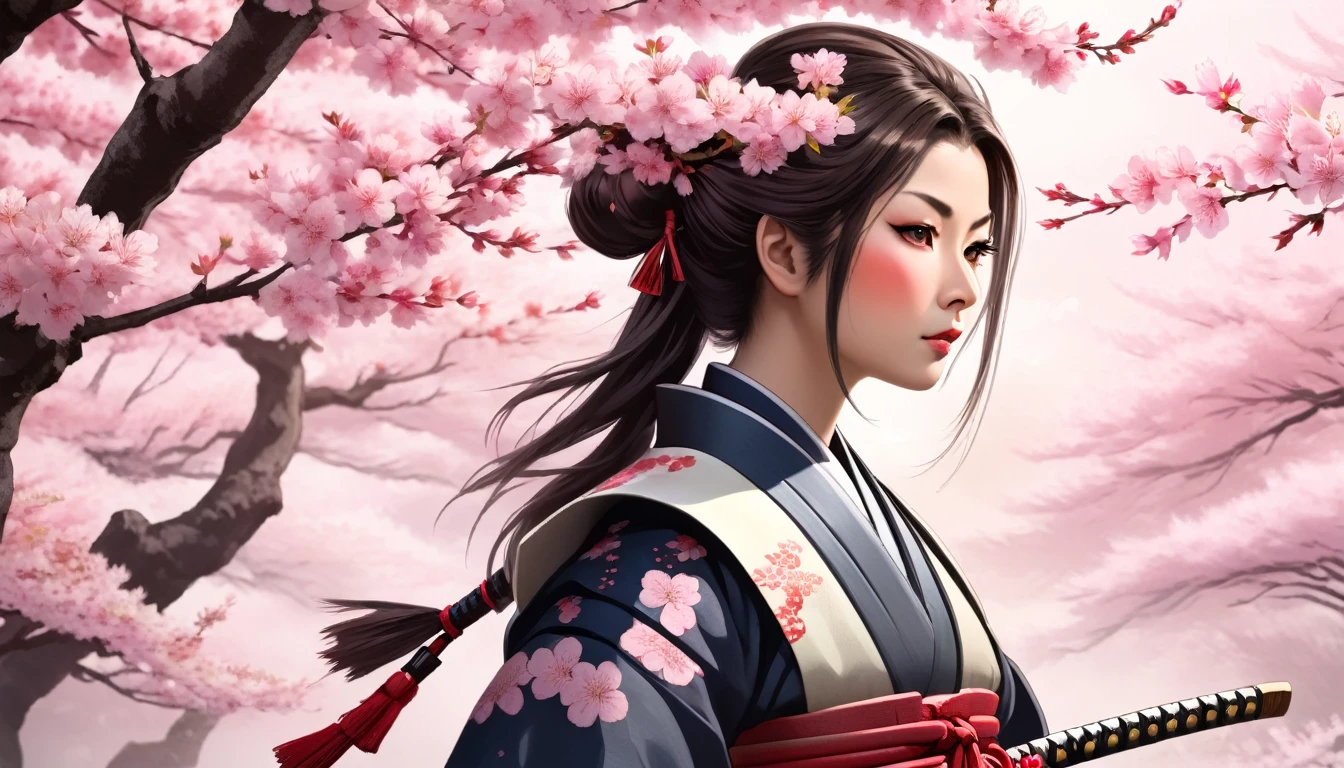 Female samurai,Background is cherry blossoms and Japanese garden