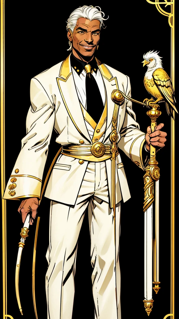 Comic-style art of a black man in his 50s with wavy, long, completely white hair, yellow irises, wearing classic and elegant clothes in white and gold. He uses a white cane decorated with gold and which has a bird skull on the tip, which is also made of gold. This man is a little thin, has wrinkles but not many, wears a lot of gold accessories, He is almost always smiling and is of Italian origin. He is a fashion designer and is based on the creator of Versace.