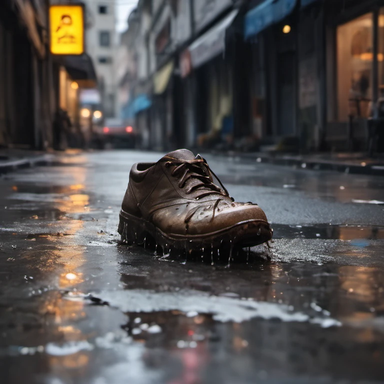 an old shoe lied on the busy street, dull, ragged and tattered, sharp detailed focus on the shoe, blurry surrounded, dslr photoshot, intricate detailed, spot light focus on shoe, dimmed light surrounded, splashing water, rain, dark street