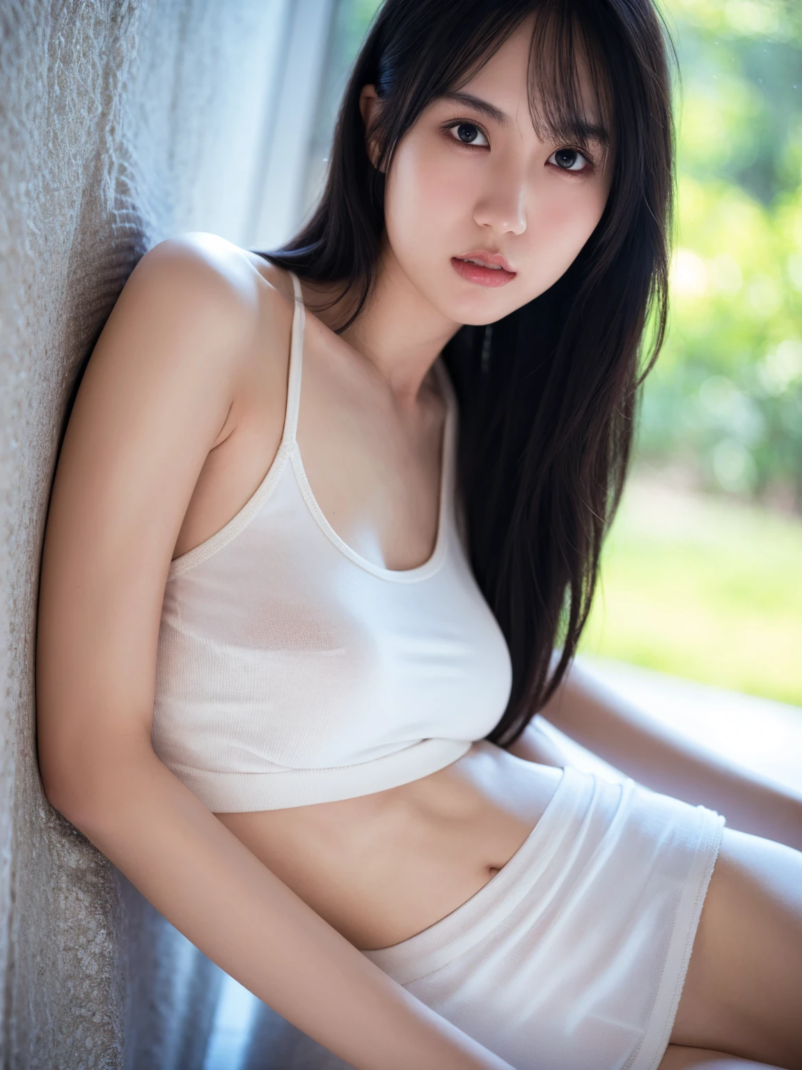 1girl, woman, masterpiece, best quality, highest quality, (volumetric lighting), extremely detailed CG unity 8k wallpaper, focused, 8k wallpaper, extremely detailed, ultra realistic, photorealistic, sharp focus, absurdres, (HDR:1.2), (high contrast), photograph, detailed and intricate, instagram, portrait, highly detailed, digital painting, artstation, concept art, smooth, sharp focus, illustration, (natural big ), medium shoulder, ((looking at the viewer)), wearing knit strap tanktop, ((skinny)), slim body, leaning on a wall