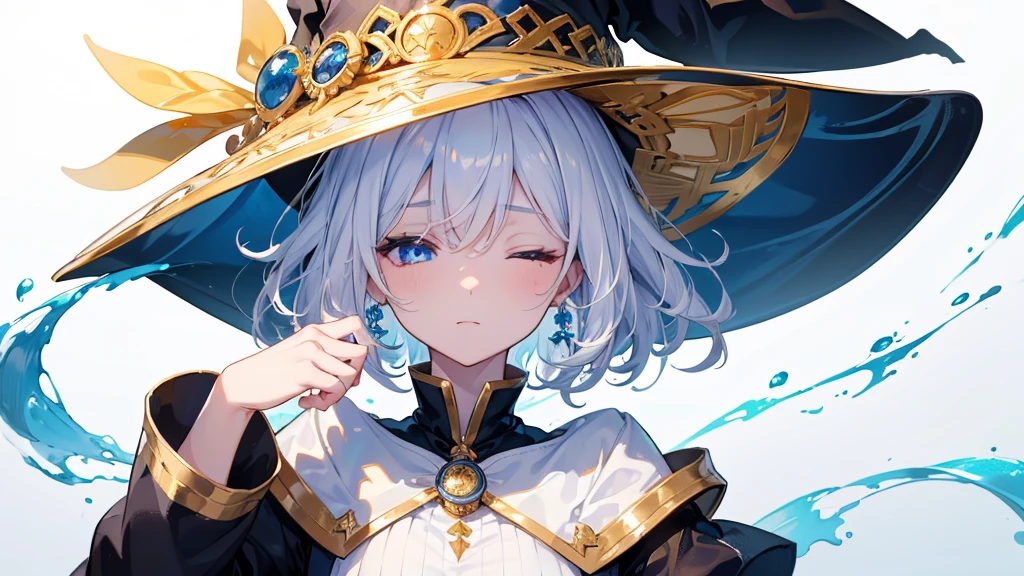 (Highest quality)　(4K)　(8k)　(High resolution)　(masterpiece:1.2)　(Super detailed)　One boy　short hair　witch　The right eye is blue and the left eye is yellow　Long sleeve　Golden decoration　Hair between the eyes　Closed Mouth　White Dress　Wavy white hair　Upper Body　Blue hat　Golden Background　Embarrassed　Being spoiled　(Looking up)　(Cast a spell)