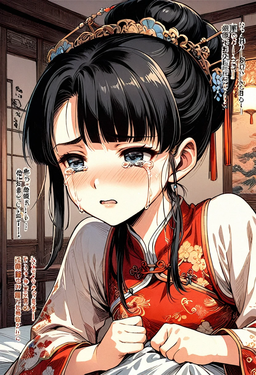 Period drama manga style　A 15-year-old super beautiful Chinese girl with black hair in a bun cut(1 person)　She is wearing a royal long-sleeved Chinese dress　In a dimly lit bedroom　Floral Futon　She is forced onto the futon by the perverted old emperor and cries in fear.　She exposed her pussy