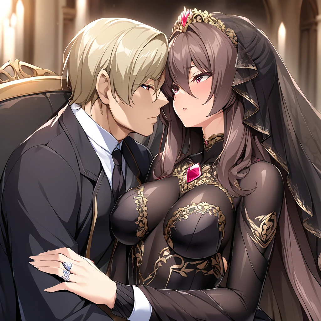 ((Highest quality)), ((masterpiece)), (detailed), （Perfect Face）、The woman is an Extia with medium-long brown hair, wearing a gorgeous black wedding dress with gold embroidery and trim, a black wedding veil, and an engagement ring.、The man is the evil leader, Naioro, a handsome man with medium-long blonde hair and a black bodysuit.、In a luxurious church belonging to an evil organization, the brunette woman, Exutia, and the handsome man, Naioro, with his medium-length blonde hair, embrace each other happily, kiss each other passionately, and are deeply in love as they hold their wedding ceremony.、A man and a woman are a deeply loving couple