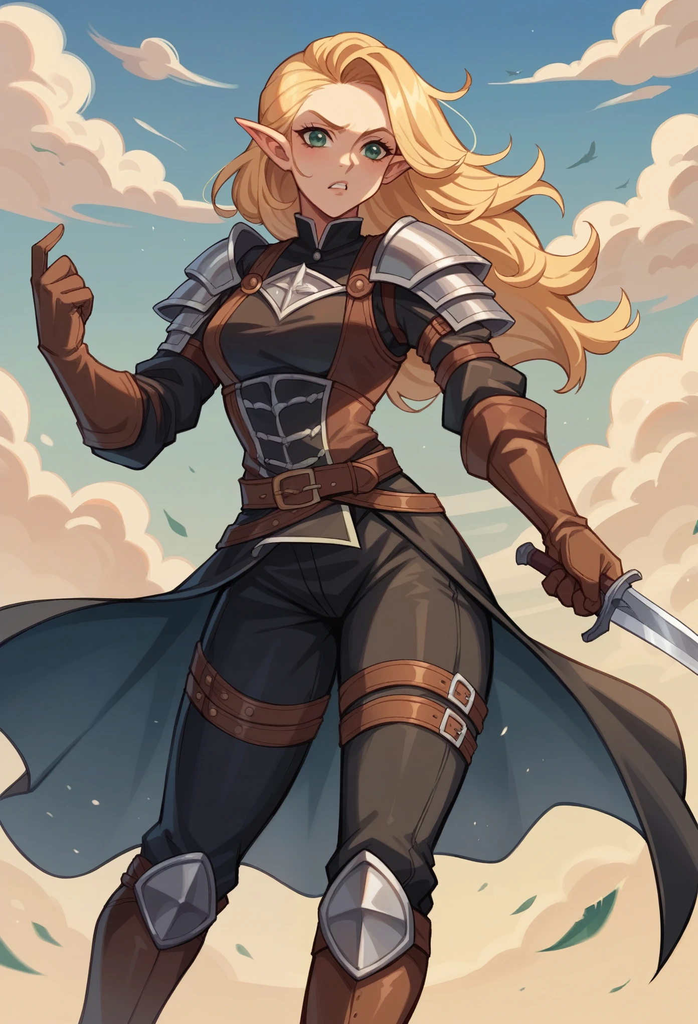 The 16 year old elf heroine is a striking figure with her tousled blonde hair framing her face in a short, lively hairstyle. Her slim build hints at her agility and flexibility, essential traits for her adventurous life. Clad in the rugged attire of a medieval fantasy highwayman, she exudes a rough charm. Her dark, weathered clothes are complemented by protective black leather armor, adding an air of danger and mystery. The gleam of throwing knives strapped to her belt serves as a stark reminder of her lethal proficiency and readiness for action.