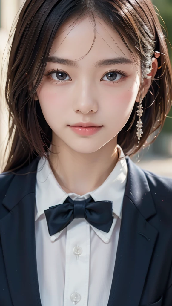 (masterpiece, best quality:1.4), award winning portrait, 8k, 85mm, solo, beautiful face, delicate girl, , (dark navy blazer jacket, arms behind back, close up face:1.2), dark navy skirt, long sleeve, violaceaess, gardeniass, elegance, sophisticated, cute, teen, looking at viewer, 18yo, raw photo, absurdres, HDR, sharp focus, bow tie, bokeh background