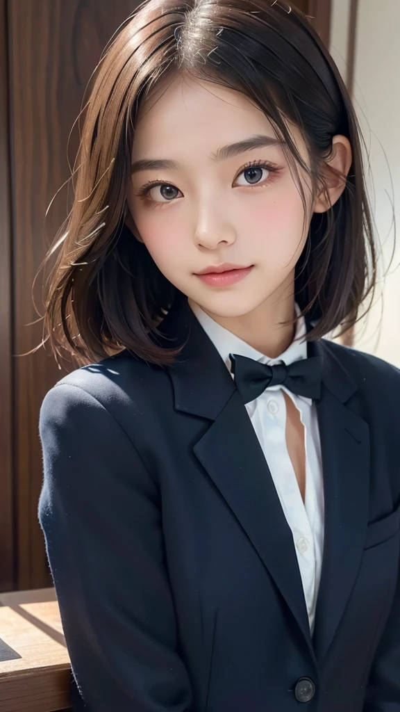 (masterpiece, best quality:1.4), award winning portrait, 8k, 85mm, solo, beautiful face, delicate girl, , (dark navy blazer jacket, arms behind back, close up face:1.2), dark navy skirt, long sleeve, violaceaess, gardeniass, elegance, sophisticated, cute, , looking at viewer, 18yo, raw photo, absurdres, HDR, sharp focus, bow tie, bokeh background