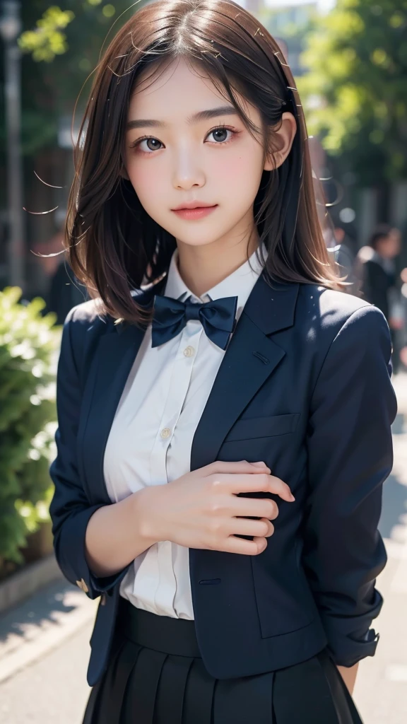 (masterpiece, best quality:1.4), award winning portrait, 8k, 85mm, solo, beautiful face, delicate girl, , (dark navy blazer jacket, arms behind back, close up face:1.2), dark navy skirt, long sleeve, violaceaess, gardeniass, elegance, sophisticated, cute, , looking at viewer, 18yo, raw photo, absurdres, HDR, sharp focus, bow tie, bokeh background