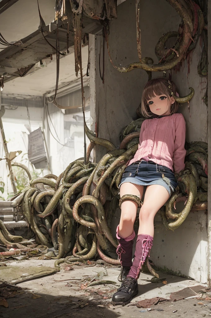 Girl captured by tentacles in abandoned factory　Tentacles in a skirt　Pants fabric texture　