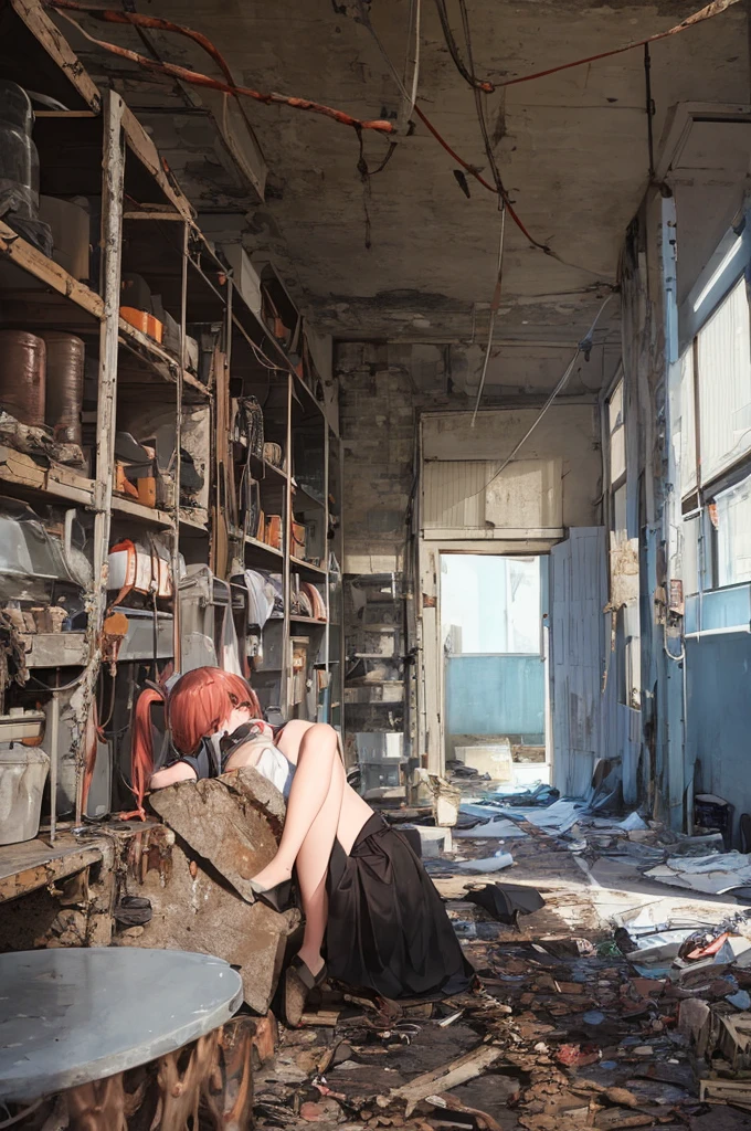 Girl captured by tentacles in abandoned factory　Tentacles in a skirt　Pants fabric texture　