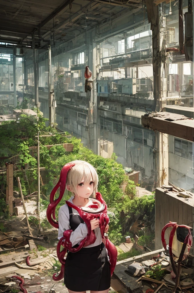 Girl captured by tentacles in abandoned factory　Tentacles in a skirt　Pants fabric texture　