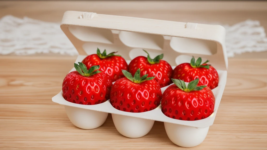 on a wooden table, in a paper egg tray, there are 6 strawberries instead of eggs, strawberries in an egg tray, realistic texture, realistic style, detailed texture, high quality, high resolution, high quality rendering, realistic photo, brightning light, macro photo