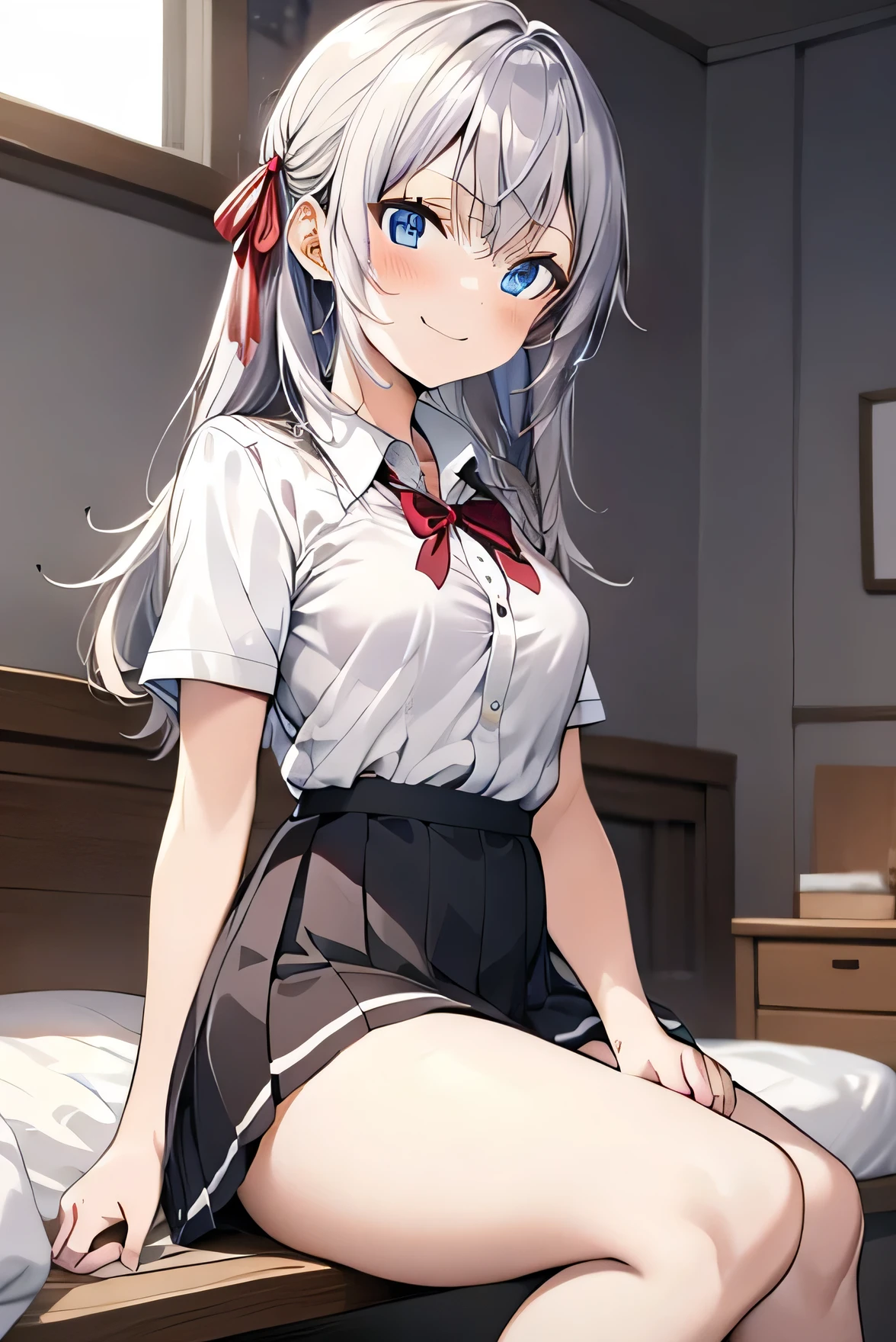 Masterpiece, anime coloring, ultra-detailed, 16k, athletic sitting,, short sleeve shirt, (transparent), skirt, ((skirt flip, white panties)), silver hair, long hair,  blush,  smiling, blue eyes, red string ribbon, from front,cowboy shot,sit bed,looking down,from down