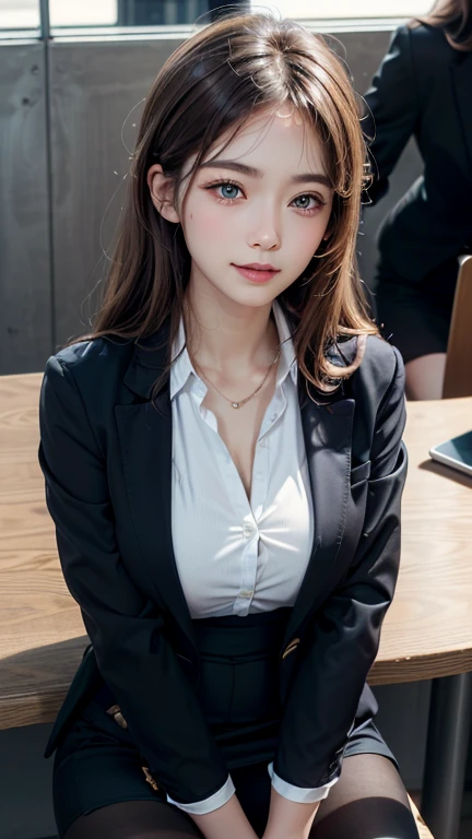(U高resolution, retina, masterpiece, Accurate, anatomicaly_correct, texture_skin, wonderful_detailed, expensive_detaileds, expensive_quality, Highest_quality, expensive_resolution, 1080P, 高resolution, 4K, 8k, 16K), (beautiful_detaileded_eyes, beautiful_detaileded_lips, very_detaileded_eyes_and_face), soft_Lighting, Physically based_rendering, Vivid_color, (big_chest:1.5), (Shiny_hair, Shiny_skin, Sunburned_skin, blush), (前hair:1.5), eye_reflection, (Bokeh), Semi-profile_View, 笑face_and_smile, (blazer, shirt, Business Skirt, sit:1.5), (tights:1.37), From above,