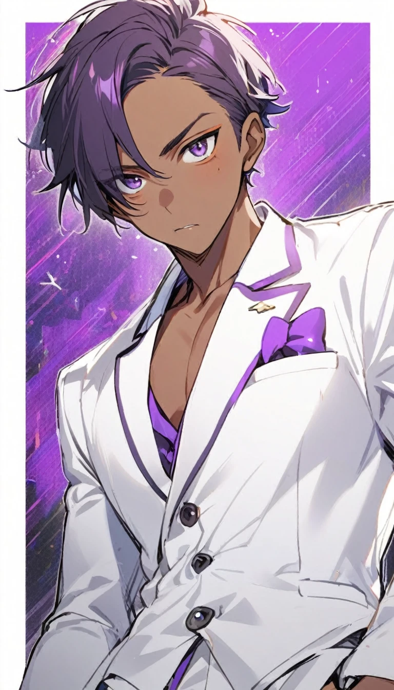 1boy , dark skin , dark dark purple short hair , white blazer , ,