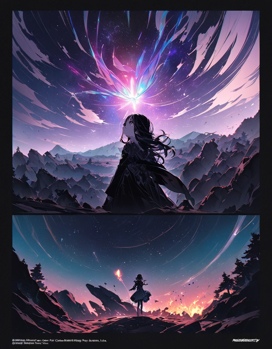 One girl, Beautiful and fine details, Long black hair, Pale purple eyes, Black Princess Dress, Glowing Skin, resolution, (Anime Style:1.6)High Contrast, ((Mastepiece, Highest quality))Vast landscape photography, (View from below with views of the sky and wilderness below), Girl looking up, (full moon: 1.2), (shooting star: 0.9), (nebula: 1.3), Distant Mountain, Treebreak Production Art, (Warm light source: 1.2), (fire Fly: 1.2), Purple and Black, Intricate details, Volumetric Lighting, Realism Break (Mastepiece: 1.2) (Highest quality), 4K, Super detailed, (Dynamic Configuration: 1.4), Extremely detailed and colorful, (Iridescent colors: 1.2), (Brilliant lighting, Ambient lighting), dream-like, Magic, (alone: 1.5) Perfect Fingers