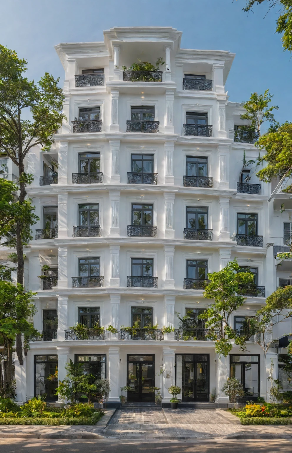 neo classical villa on street, (daylight), tropical tree, vivid colour, streetcapes, white tone, black detail, white wall, large glass door, warm interior lighting, best quality, masterpiece, ultra realistic