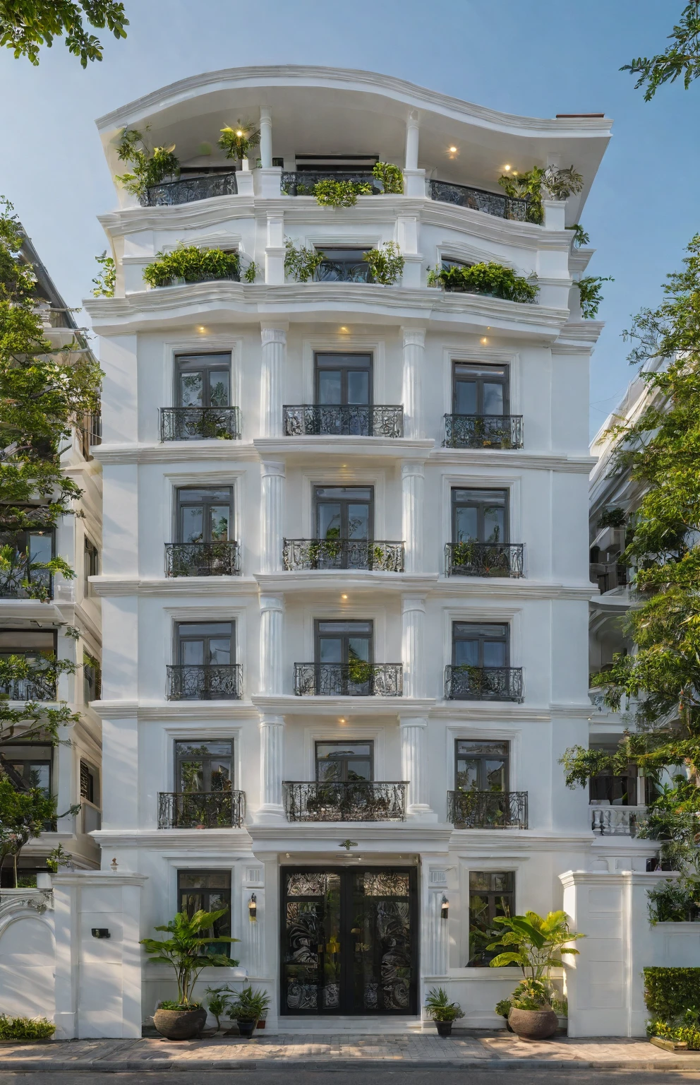 neo classical villa on street, (daylight), tropical tree, vivid colour, streetcapes, white tone, black detail, white wall, large glass door, warm interior lighting, best quality, masterpiece, ultra realistic