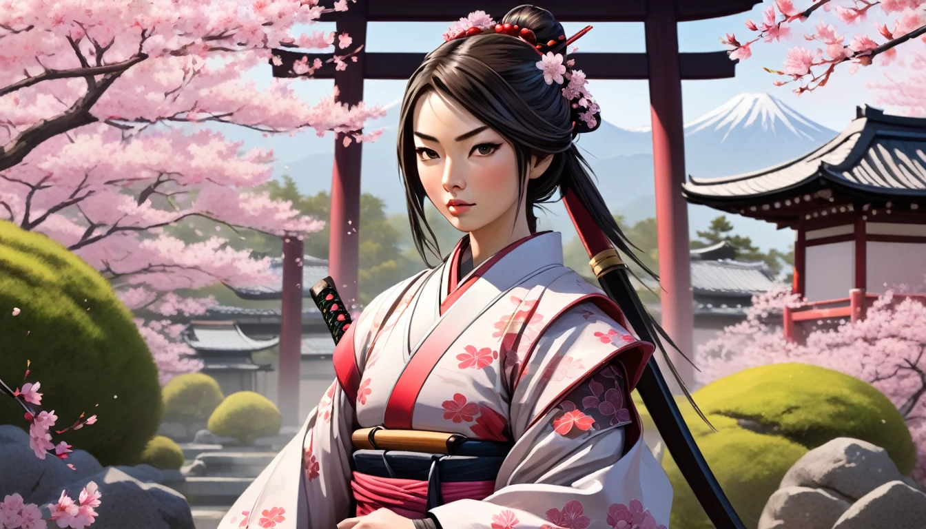 Female samurai,Background is cherry blossoms and Japanese garden