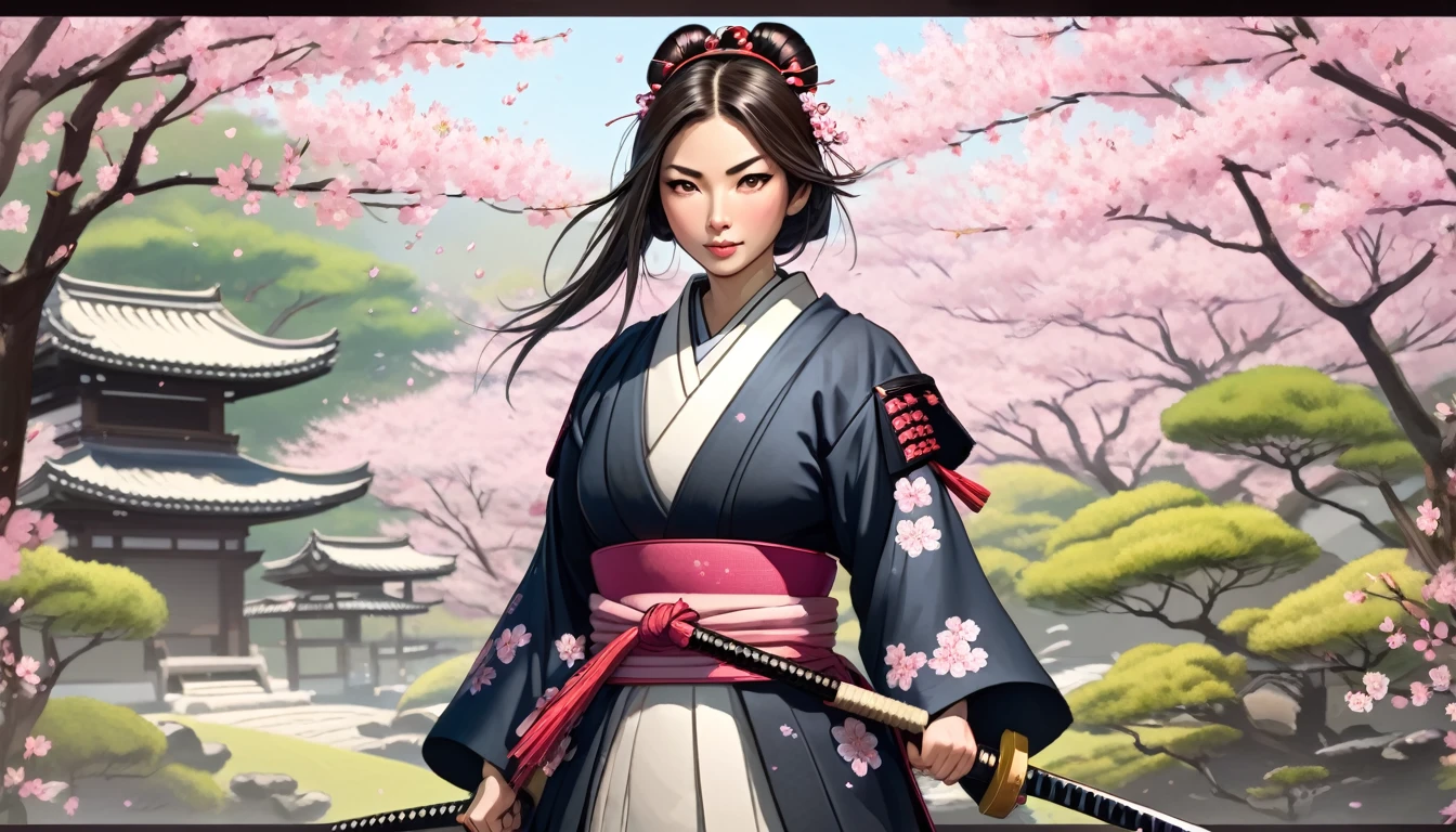 Female samurai,Background is cherry blossoms and Japanese garden