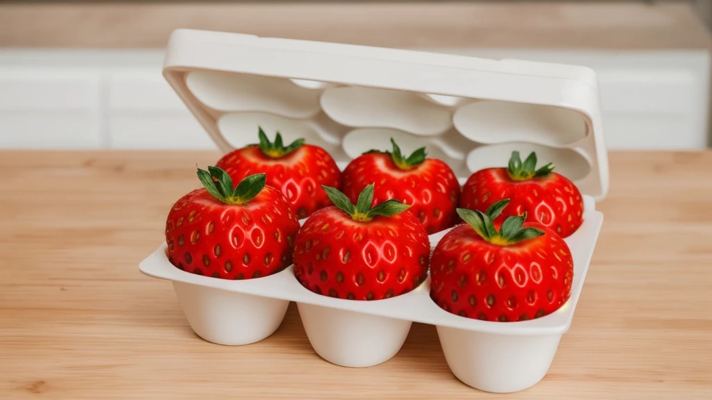 on a wooden table, in a paper egg tray, there are 6 strawberries instead of eggs, strawberries in an egg tray, realistic texture, realistic style, detailed texture, high quality, high resolution, high quality rendering, realistic photo, brightning light, macro photo