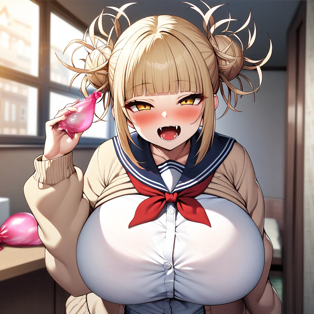 toga himiko,1girl,solo,Females in heat,blush,blonde hair,yellow eyes,narrowed eyes,blunt bangs,open mouth,fangs,cardigan,long sleeves,neckerchief,red neckerchief,gigantic huge breasts,used big condom in hand,looking at viewer,standing up,in room,hotel background