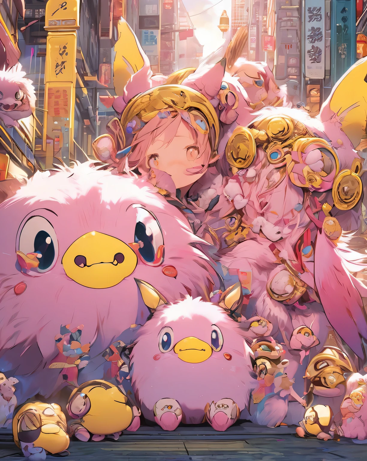 Cute furry monsters by Rory Greasley and Takeshi Obata,Big eyeouth、 The desire to attain enlightenment, It has small wings、nirvana, Pink and yellow, Oil paints, family friendly, Realistic, 8k is, high quality、The most information、masterpiece、Detailed text、The highest masterpiece