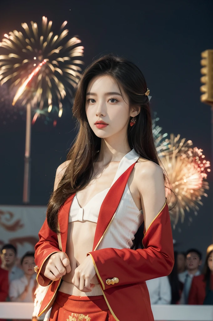 (((best quality))),(((ultra detailed))),(((masterpiece))),illustration, ((Olympic Opening Ceremony,in Paris,summer night,magnificent National stadium of France,Olympic flame, fireworks)),(crowded crowds of enthusiastic spectators:1.3),((a beautiful Chinese girl,solo)),((shoulder length straight hair:1.2)),((slim,thin)),((small breasts,flat chest)),(red blazer:1.5),(yellow skirt:1.2),(slender legs:1.2),excited expression, awe, celebrating, electric atmosphere, sense of pride, excitement, playing field, crowd energy, unity, camaraderie, representing China, historic event, memorable moment,((from front,upper body))