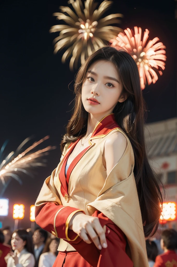 (((best quality))),(((ultra detailed))),(((masterpiece))),illustration, ((Olympic Opening Ceremony,in Paris,summer night,magnificent National stadium of France,Olympic flame, fireworks)),(crowded crowds of enthusiastic spectators:1.3),((a beautiful Chinese girl,solo)),((shoulder length straight hair:1.2)),((slim,thin)),((small breasts,flat chest)),(red blazer:1.5),(yellow skirt:1.2),(slender legs:1.2),excited expression, awe, celebrating, electric atmosphere, sense of pride, excitement, playing field, crowd energy, unity, camaraderie, representing China, historic event, memorable moment,((from front,upper body))