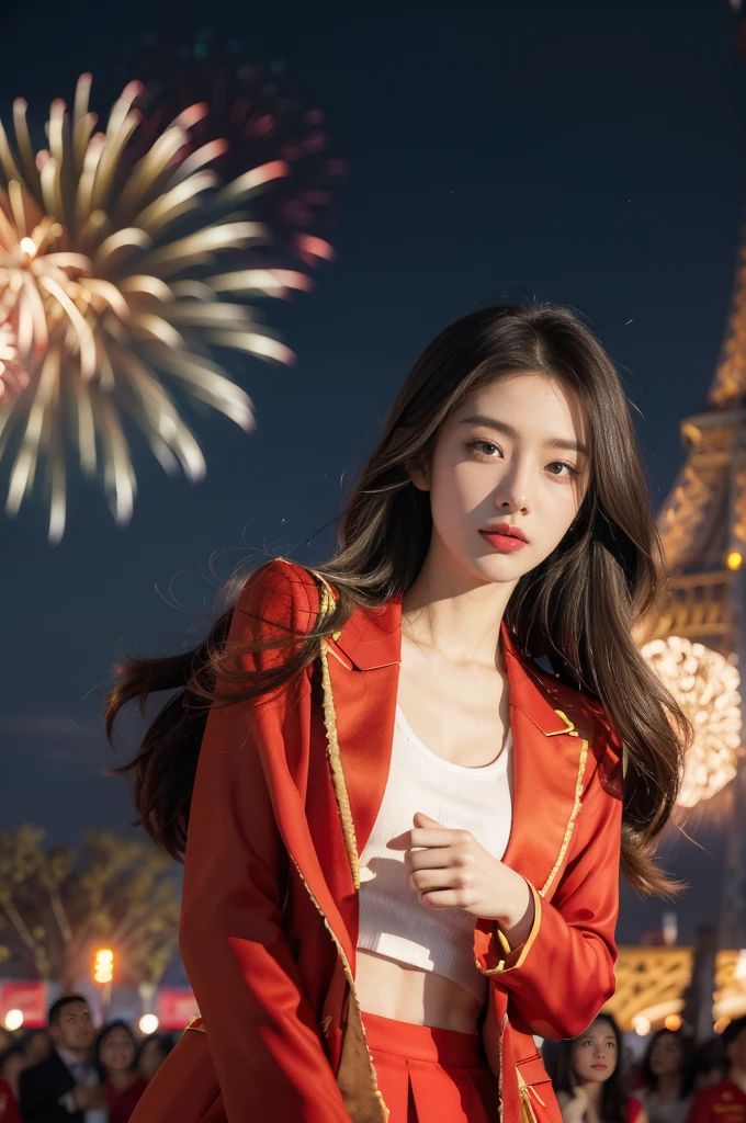 (((best quality))),(((ultra detailed))),(((masterpiece))),illustration, ((Olympic Opening Ceremony,in Paris,summer night,magnificent National stadium of France,Olympic flame, fireworks)),(crowded crowds of enthusiastic spectators:1.3),((a beautiful Chinese girl,solo)),((shoulder length straight hair:1.2)),((slim,thin)),((small breasts,flat chest)),(red blazer:1.5),(yellow skirt:1.2),(slender legs:1.2),excited expression, awe, celebrating, electric atmosphere, sense of pride, excitement, playing field, crowd energy, unity, camaraderie, representing China, historic event, memorable moment,((from front,upper body))