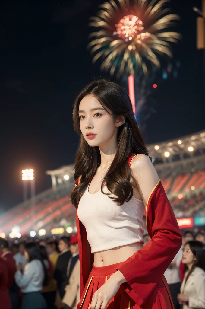 (((best quality))),(((ultra detailed))),(((masterpiece))),illustration, ((Olympic Opening Ceremony,in Paris,summer night,magnificent National stadium of France,Olympic flame, fireworks)),(crowded crowds of enthusiastic spectators:1.3),((a beautiful Chinese girl,solo)),((shoulder length straight hair:1.2)),((slim,thin)),((small breasts,flat chest)),(red blazer:1.5),(yellow skirt:1.2),(slender legs:1.2),excited expression, awe, celebrating, electric atmosphere, sense of pride, excitement, playing field, crowd energy, unity, camaraderie, representing China, historic event, memorable moment,((from front,upper body))