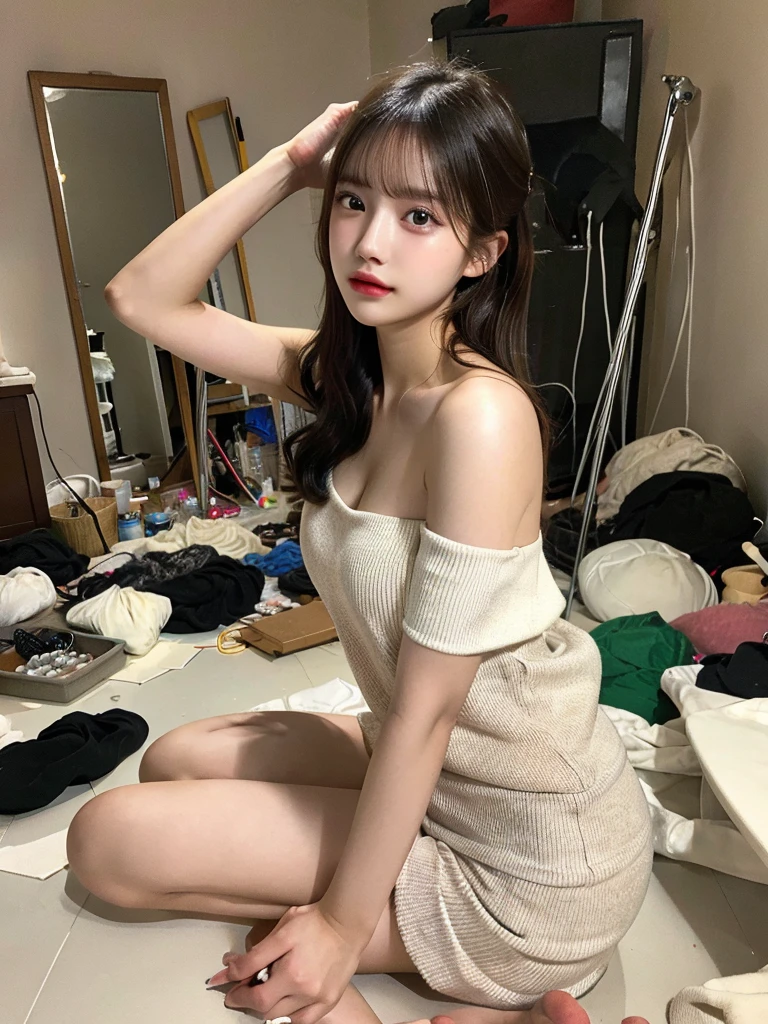 Best quality, masterpiece, ultra high res, (photorealistic:1.4),
1girl, offshoulder, deep shadow, shiny skin,messyroom, Sitting position,sitting on object,