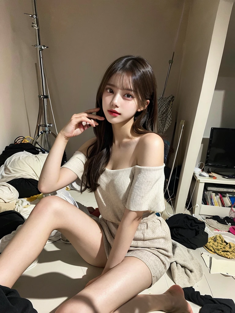 Best quality, masterpiece, ultra high res, (photorealistic:1.4),
1girl, offshoulder, deep shadow, shiny skin,messyroom, Sitting position,sitting on object,