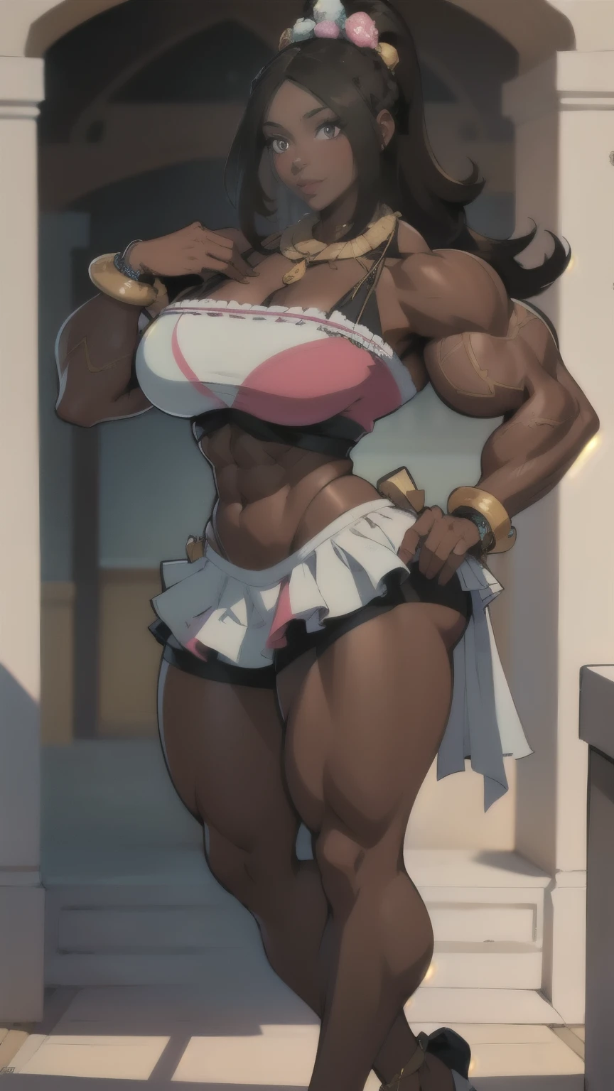 1girl,masterpiece , best quality,highres, 4k, Marin kitagawa, character in scgool uniform,long fluffy voluptuous hair,huge breasts,makeup,fashionable,necklace,jewelry,smiling,happiness radiant,posing sexy,muscular woman,bodybuilder,two tone hair