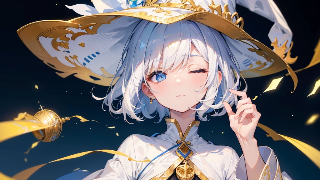 (Highest quality)　(4K)　(8k)　(High resolution)　(masterpiece:1.2)　(Super detailed)　One boy　short hair　witch　The right eye is blue and the left eye is yellow　Long sleeve　Golden decoration　Hair between the eyes　Closed Mouth　White Dress　Wavy white hair　Upper Body　Blue hat　Golden Background　Embarrassed　Being spoiled　(Looking up)　(Cast a spell)