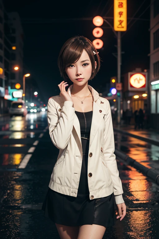 Adult woman, beautiful style, Vocaloid Meiko-like face, short hair colored light brown, the color of the clothes is black, expressionless, lifeless complexion, lonely, sad, empty-heartedness, broken heart, walking alone on a deserted road at night, rain, neon lights, frozen smile, hoarse voice, loneliness, sadness, emptiness, memories, crushed hope