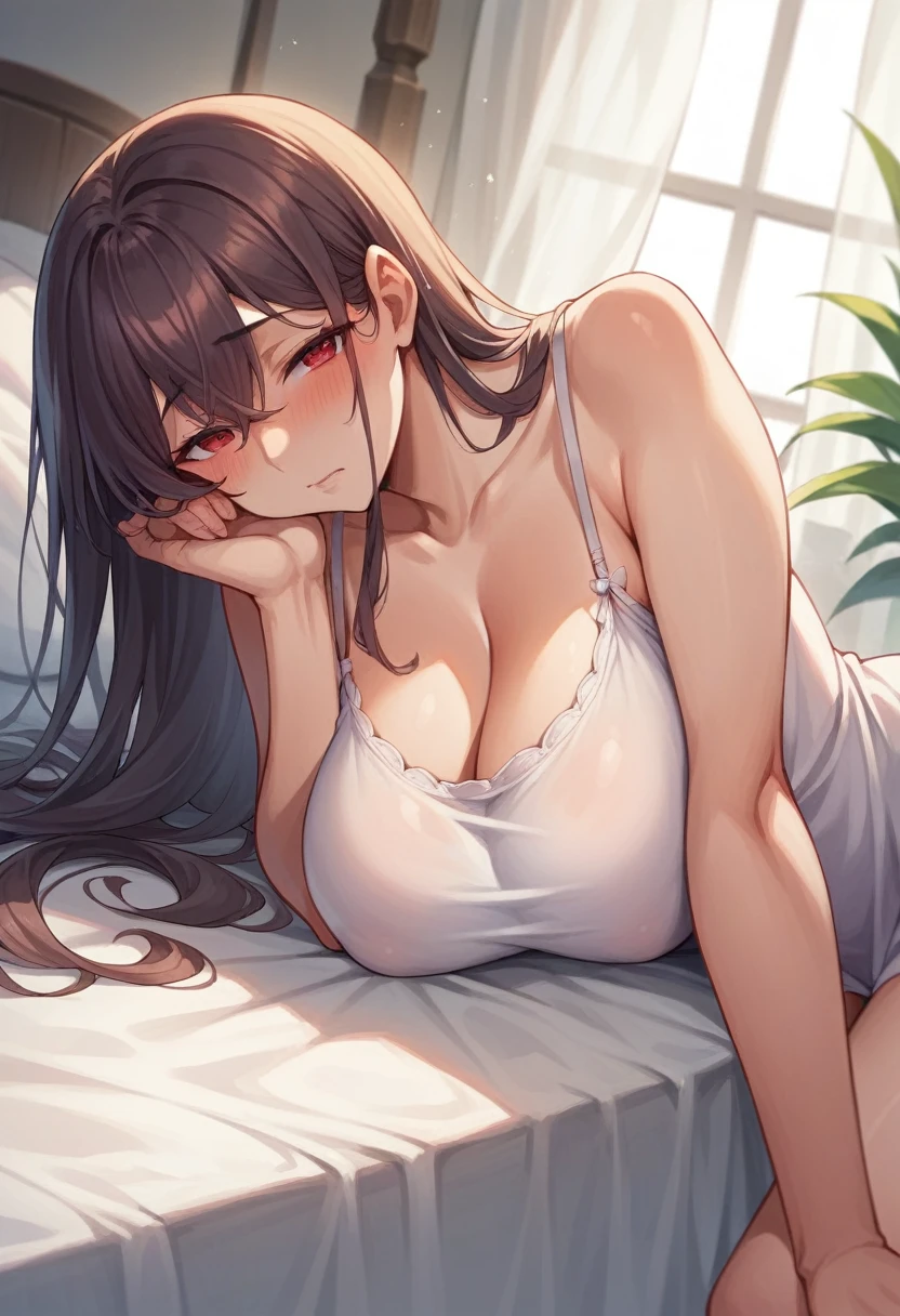 ((masterpiece)), (Highest quality), (detailed), (1 girl),, One girl, Pekomama, Long Hair, Mature Woman,  Red eyes,bed、Large Breasts、blush、camisole(tight)、Staring at a huge penis