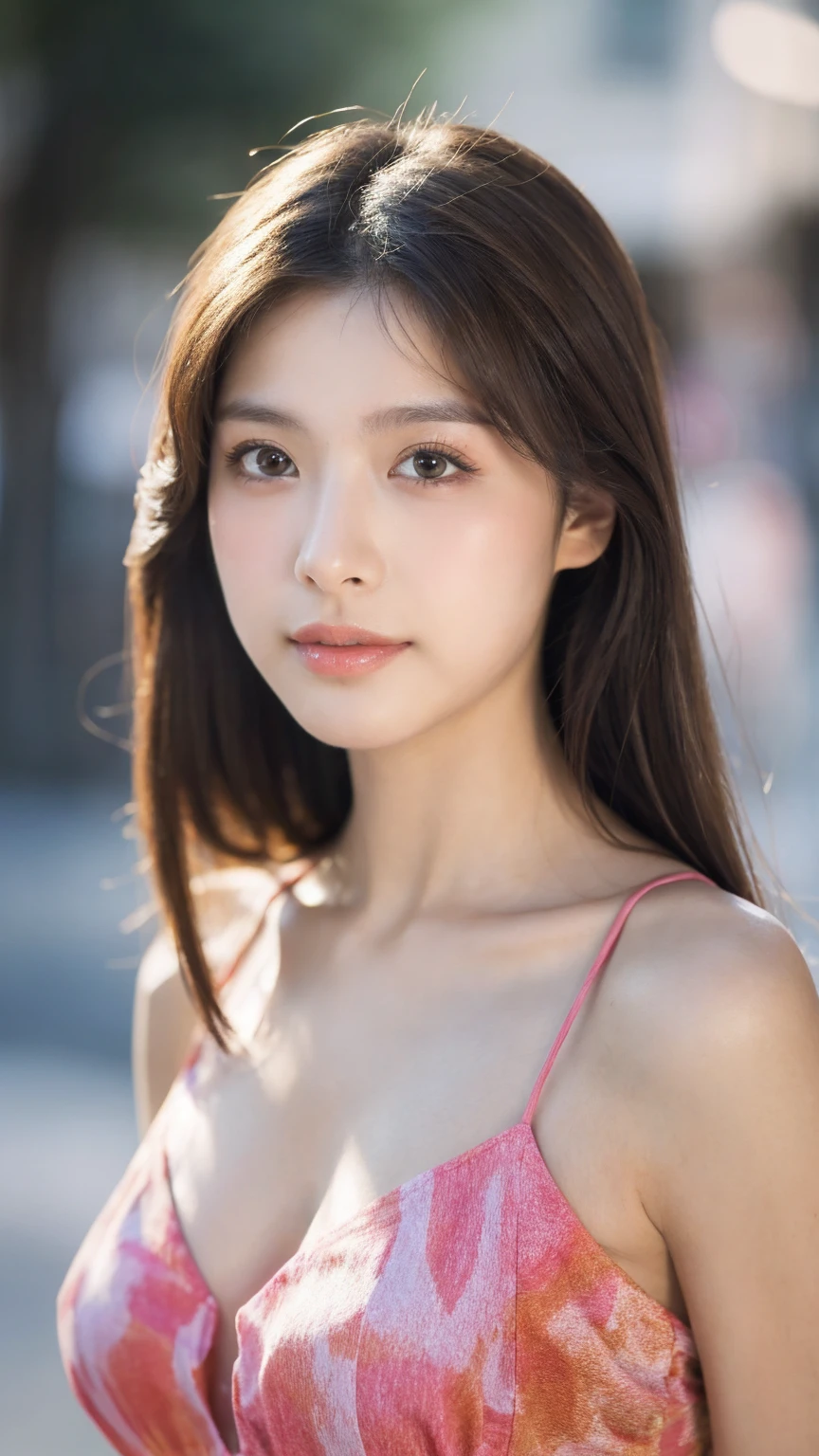 ((Best quality, 8k, masterpiece:1.3))，1girl，18 years old，Asian，Real texture:1.3，(Background blur:1.1)，Dress Up，Tall and slender figure:1.2，(Hot summer weather)，（street:1.3），Highly detailed face and skin textures，Exquisite eyes，Long eyelashes，Double eyelids，Skin Whitening，happy，Various postures，Breast