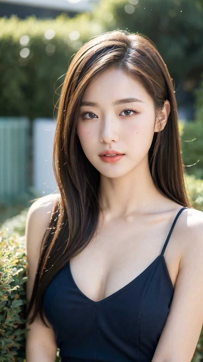 ((Best quality, 8k, masterpiece:1.3)),1girl,18 years old,Asian,Real texture:1.3,(Background blur:1.3),Dress Up,Tall and slender figure:1.2,(Hot summer weather),(garden:1.3),Highly detailed face and skin textures,Exquisite eyes,Long eyelashes,Double eyelids,Skin Whitening,happy,Breast