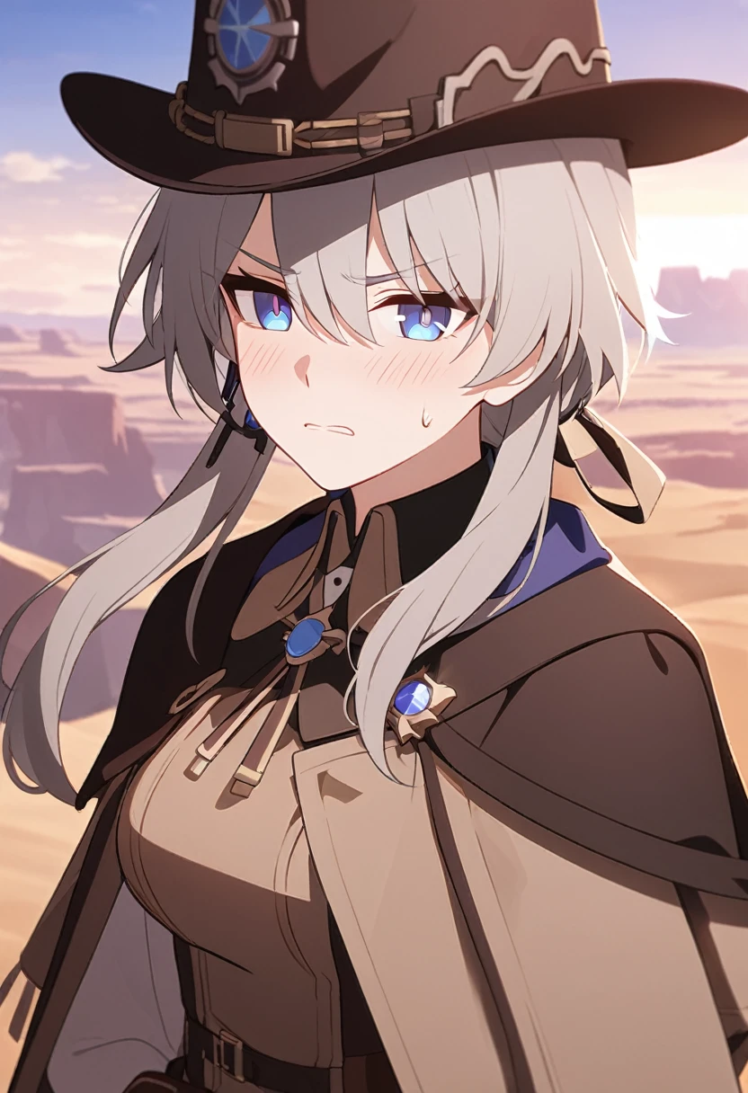 masterpiece,best quality,depth of field,8k,looking at the viewer,Dark and light gray hair,blue eyes,light brown chaps,dark brown poncho,갈색 Ten gallon hat,brown leather jumper,chic,wseifuku,male,sky,frowning,looking around,badlands,male,(charismatic eyes 1:1),(honkai:_Star_rail\),blush,detached collar
